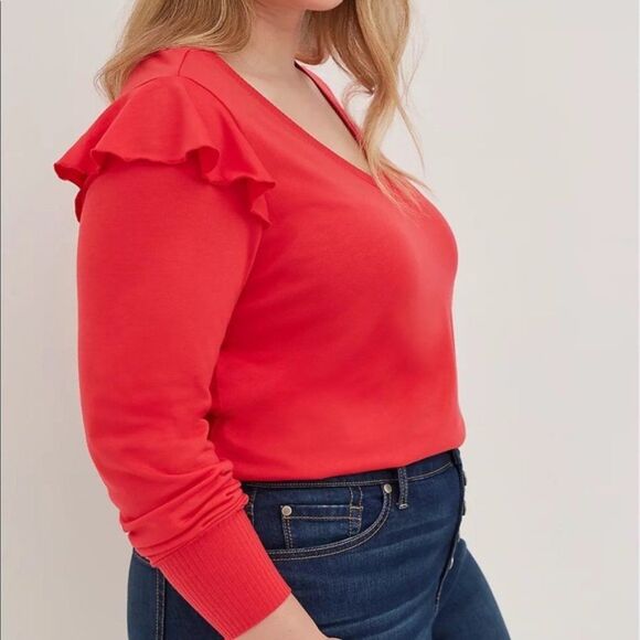NWT Torrid FRENCH TERRY V-NECK RUFFLE SHOULDER SWEATSHIRT 1x Red NWT - Picture 10 of 10